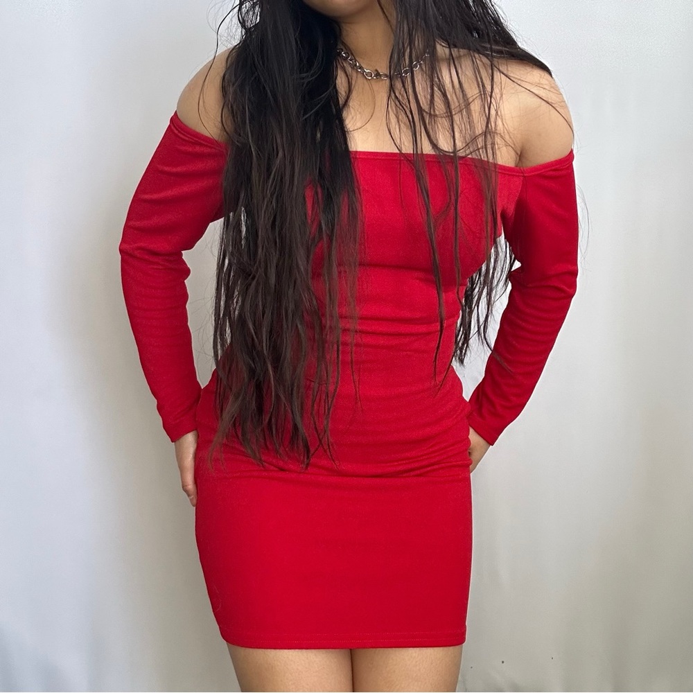 hot red Pretty Little Thing off shoulder bodycon dress in size XS